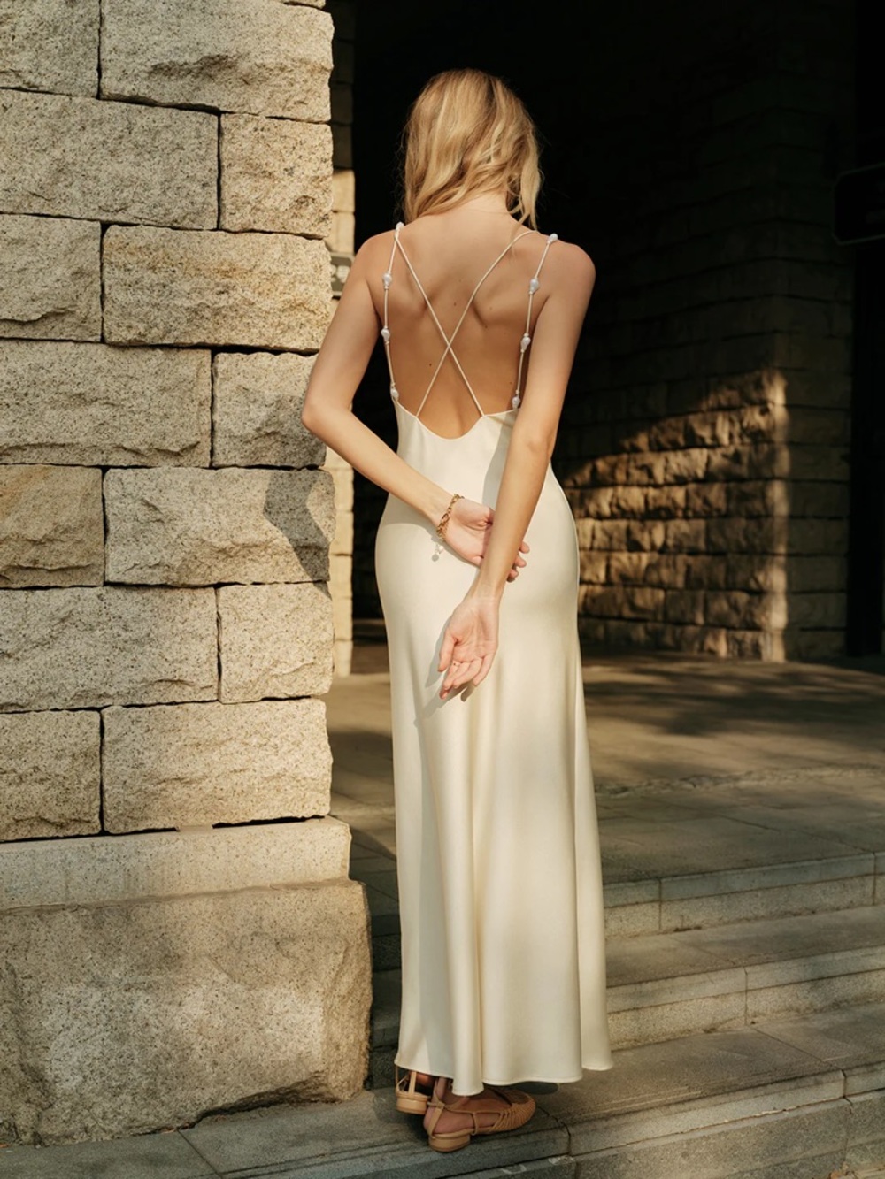 Commense Cream Slip Dress with Pearl Straps Size Small